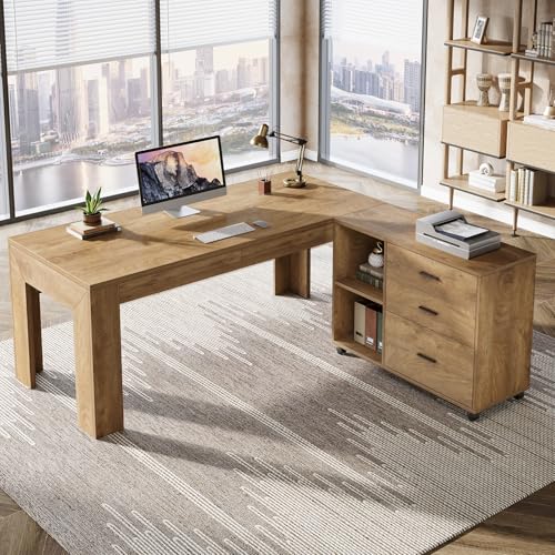 Tribesigns 63" L Shaped Desk with File Cabinet, Large Executive Office Desk with Rolling Filing Cabinet, Long Computer Table with Drawers and Shelves, Business Furniture Set for Home Office, Brown - color: Brown