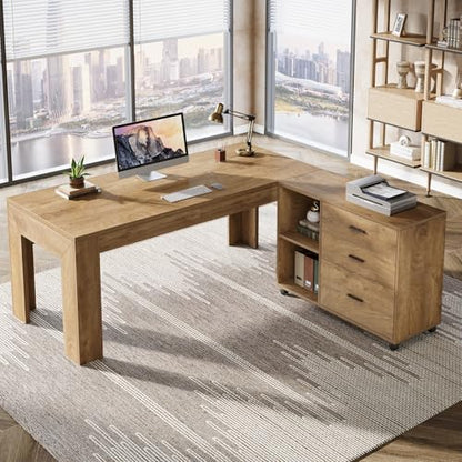 Tribesigns 63" L Shaped Desk with File Cabinet, Large Executive Office Desk with Rolling Filing Cabinet, Long Computer Table with Drawers and Shelves, Business Furniture Set for Home Office, Brown - color: Brown