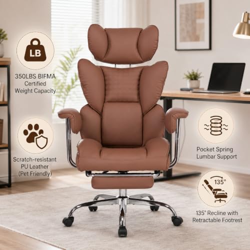 Big and Tall Office Chair, Ergonomic Executive Desk Chair with Footrest and Lumbar Support, Heavy Duty PU Leather Reclining Computer Chair with Extra Wide Seat for Home Office, Brown - color: Brown
