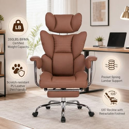 Big and Tall Office Chair, Ergonomic Executive Desk Chair with Footrest and Lumbar Support, Heavy Duty PU Leather Reclining Computer Chair with Extra Wide Seat for Home Office, Brown - color: Brown