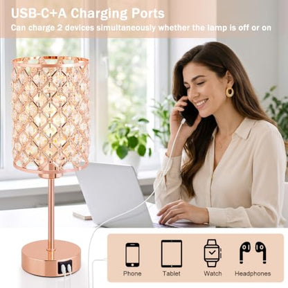 Crystal Table Lamp, Rose Gold Touch Lamp with USB C+A Port, 3-Way Dimmable - color: Rose Gold, size: 14.75"