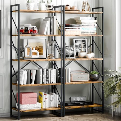 Vongrasig 5 Tier Metal Bookshelf, Narrow Industrial Bookcase, Walnut - color: Walnut
