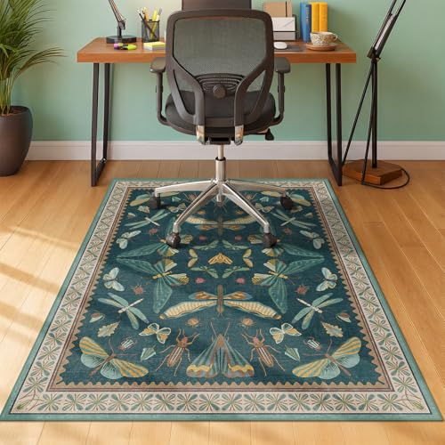 3'x4' Teal Office Chair Mat for Hardwood Floors, Insect Boho Design,Non-Slip Low Pile Desk Rug, 36"x48" Small Area Rug for Computer Desk Home Office, Machine Washable WFH Essential for Dorm Room - color: Insect - Teal, size: 3' x 4'