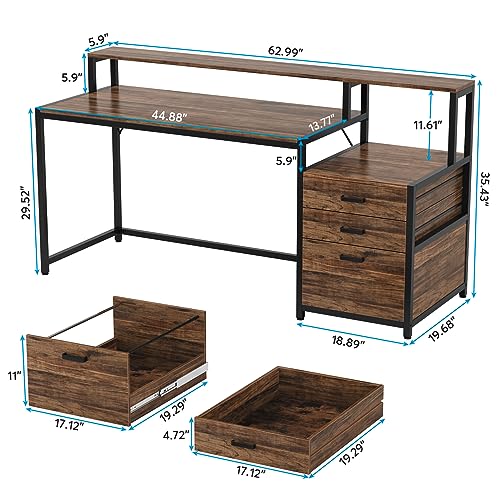 Tribesigns 63 Inch Computer Desk with File Drawer Cabinet, Ergonomic Desk - color: Rustic Brown