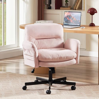 Bestier Velvet Vanity Chair with Flip-Up Arms, Swivel Makeup Chair Pink | Comfy Cross-Legged Computer Chair with Wheels 2 Side Pockets for Home Office Gaming, Bedroom - color: Pink Velvet, size: Low Back