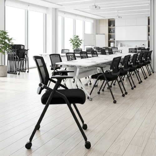 6 Pack Stackable Conference Room Chairs with Paddle Folding Office Chair Foldable Desk Chair Mesh Back and Arms for Conference Meeting Guest Reception Home Office Training Room Chair Black - color: Black, size: 6 Pack