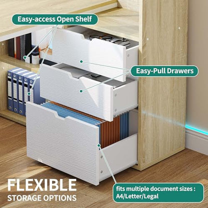 YITAHOME 55" L Shaped Corner Computer Desk with Drawers & Power, White Oak - color: White & Oak