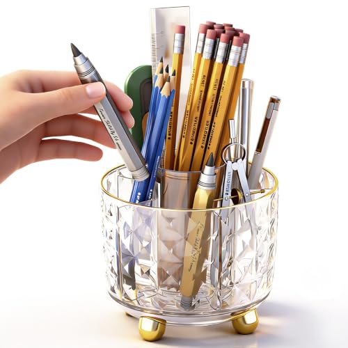 GOTOBA 360° Rotating Pencil Holder for Desk, Makeup Brush Holder with 6 Slots, Desk Organizer for Writing Utensil, Office and School Supplies (Transparent) - color: Transparent