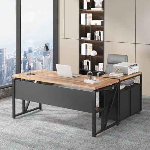 Tribesigns 63" Executive Desk with Reversible File Cabinet, Large L-Shaped Office Desk with Drawers, Business Furniture Workstation for Home Office - color: Walnut