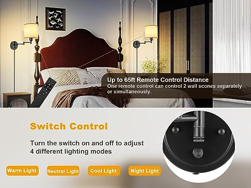 Plug in Wall Sconces with Remote Control, Dimming 10%-100% & Adjustable Colors 2700K-6500K, Hardwire or Plug-in, Swing Arm Wall Lamp with Linen Fabric Shade, Wall Sconces Set of Two, Black Finish - color: Linen(Bulbs+Remote)