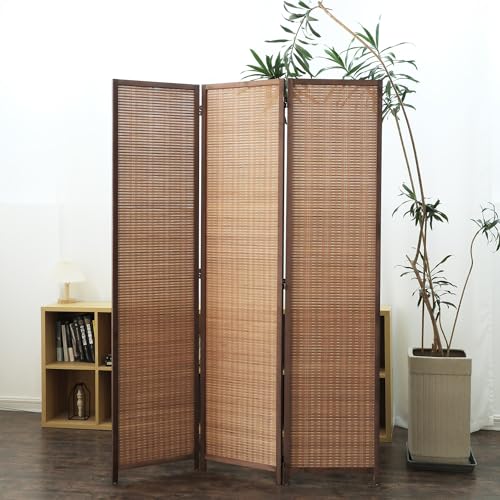 Furnnylane 3 Panel Bamboo Room Divider - 5.6 ft Tall Folding Privacy Screen for Room Separation, Natural Brown Freestanding Partition Wall for Home Office (67" H x 46" W) - color: Brown, size: 3 Panel