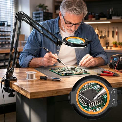 12X Magnifying Glass with Light and Stand Hands Free, Long Swing Arm Desk Magnifying Light with Clamp for Close Work, Dimmable Lighted Magnifier Lamp for Soldering Craft Jewelry Bench Sewing