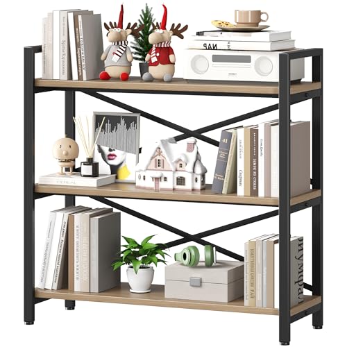 Homeiju 3 Tier Bookshelf 31.49" Width, Wood and Metal Etagere Bookcase, Vintage Farmhouse Modern Wooden Big Book Shelf for Home Living Room Bedroom Office Storage(Light Coffee) - color: Light Coffee, size: 3 Tier - 31.5" W