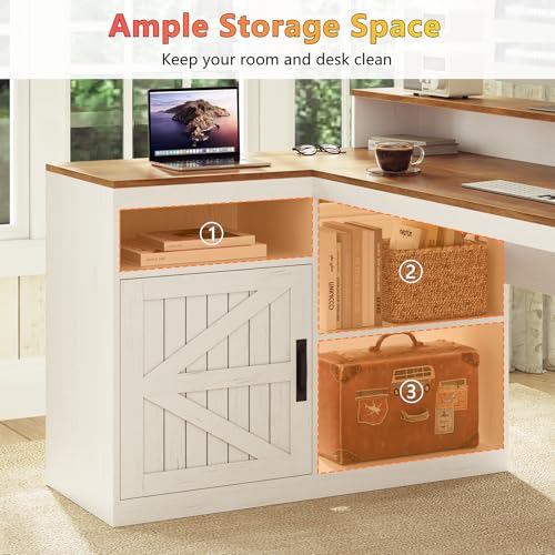 TVU Farmhouse L Shaped Desk with Drawers, 62.2" Home Office Desk with Storage Shelves and Power Outlet, L Shaped Computer Desk with Monitor Stand and Printer Shelf, Brown and White - color: Brown and White