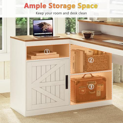TVU Farmhouse L Shaped Desk with Drawers, 62.2" Home Office Desk with Storage Shelves and Power Outlet, L Shaped Computer Desk with Monitor Stand and Printer Shelf, Brown and White - color: Brown and White