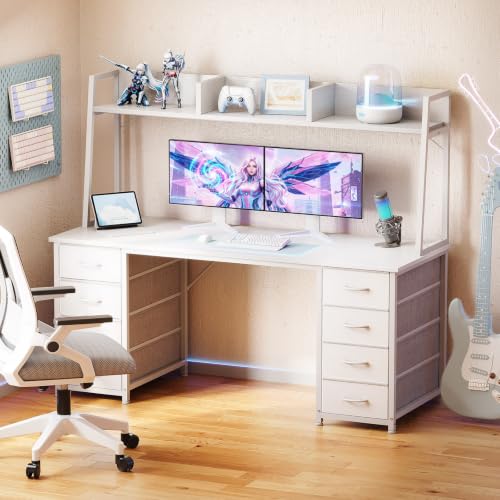 AODK 54 Inch Desk with Hutch and 8 Fabric Drawers, White | Computer study Table with Ample Storage for Dorm, Bedroom, Home Office - size: 54 Inches