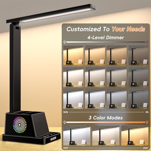 Study Desk Lamp for Office Home, Eye-Caring Desk Light with USB Port & RGB Phone Holder, 3 Color×4 Brightness, Adjustable Arm, Touch-Control Lamp for Kids/Reading (Black)