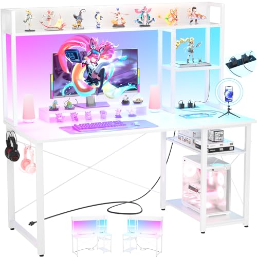 Cyclysio 47'' Gaming Desk with Hutch and Reversible Storage Shelves, White | Home Office Desk with LED Lights & Power Outlets, Computer Desk for Small Space - color: White, size: 47 inch