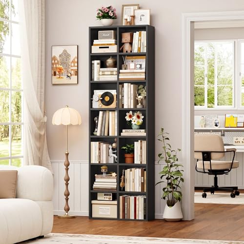 FOTOSOK Bookshelf Bookcase 7-Tier Narrow Bookshelf Tall CD Media Tower Rack - color: Black