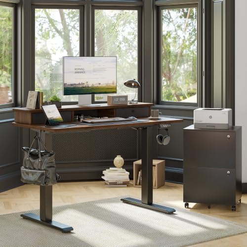 TIQLAB 48 * 24 inch Standing Desk with Two Drawers&Top Shelf, Black Walnut | Smooth Height Adjustment, 2 Memory Presets, One-Touch Control, Stable Steel Frame, 176 lbs Capacity, Easy Assembly - color: Black Walnut, size: 47*24 inch without keyboard tray