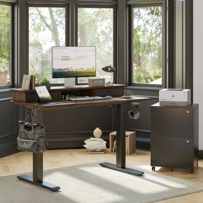 TIQLAB 48 * 24 inch Standing Desk with Two Drawers&Top Shelf, Black Walnut | Smooth Height Adjustment, 2 Memory Presets, One-Touch Control, Stable Steel Frame, 176 lbs Capacity, Easy Assembly - color: Black Walnut, size: 47*24 inch without keyboard tray