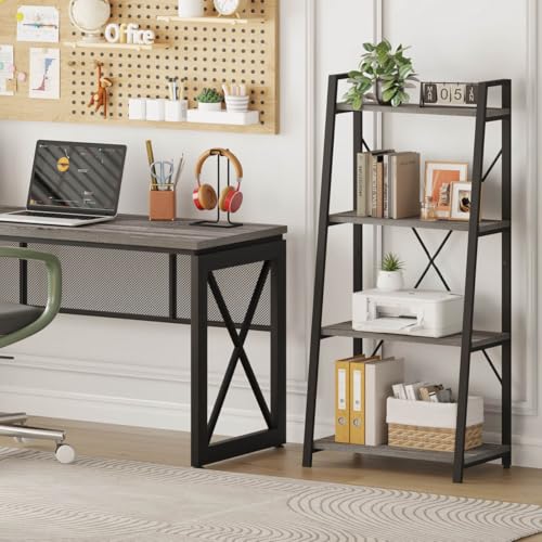 Ladder Bookshelf, 4 Tier Ladder Shelf Bookcase, Wood Leaning Book Shelves for Living Room, Bedroom, Home Office Shelving Unit (Dark Grey Oak) - color: Grey Oak, size: 4-Tier
