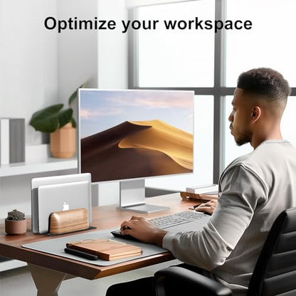 UPERGO Vertical Laptop Stand, Dual Slot Wooden Laptop Holder Vertical for Desk, Width Adjustable Dock for MacBook Pro and Other Laptops | Solid Walnut & Aluminum, Width Adjustable 0.47"-1.1", Anti-Scratch Silicone Pads, Handcrafted