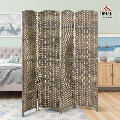 HOMCOM 4 Panel Room Divider 6 Ft Privacy Screen Hand-Woven Dark Rustic Oak | Folding PP Wall Partition, Pine Wood Frame, Freestanding Room Separator, Bedroom Home Office, No Assembly - color: Oak, size: 4 Panel
