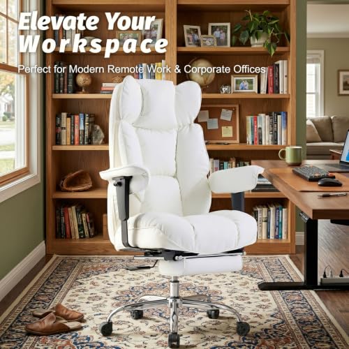 Efomao Executive Office Chair 400lbs,White Big and Tall Desk Chair | Mattress-grade pocket spring cushion, sleek leather, 135° recline & footrest for computer gaming setup. - color: 3084p-white