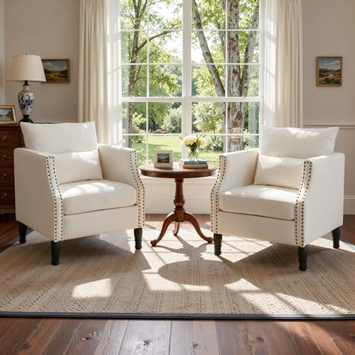 Beige Accent Chairs Set of 2, Upholstered Side Armchairs for Small Spaces | Linen Material, Removable Lumbar Pillows, Comfortable Cushion Support, Suitable for Living Room, Apartment, Waiting Room - color: Beige, size: Set of 2