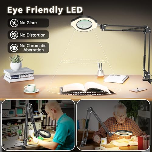 Magnifying Glass with Light and Clamp, 15X 10X Desk Magnifying Lamp, 84 LED Real Glass Lens Magnifier, 5 Color Modes Stepless Dimmable, Adjustable Hands Free Table Lamp for Repair Crafts Hobby Sewing