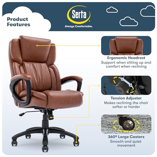 Serta Ergonomic Executive Office Chair with Lumbar Support, Leather Chair | Garret, Back Pain Relief, Foam Seat Cushion, Padded Arms, Adjustable Height and Reclining, Office Chair with Wheels, Cognac - color: Cognac