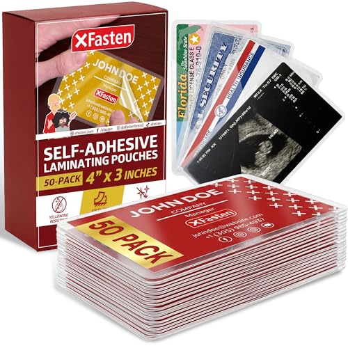 XFasten Self Sealing Laminating Pouches Business Card Size, 50-Pack, 10 Mil Non-Yellowing Business Card Laminating Pouches, Self-Adhesive Laminate Sheets, Durable, No Machine Needed, 4 in x 3 in - size: Pack of 50