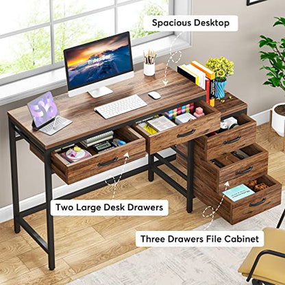 Tribesigns Computer Desk with 5 Drawers, Reversible Home Office Desks | Small Desk with Drawer Cabinet Printer Stand, PC Desk with Storage, Rustic Study Writing Table Workstation for Small Spaces - color: Rustic Brown