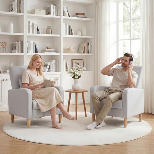 COLAMY Mid-Century Modern Accent Chair, Faux Leather Upholstered Living Room Chair with Back Pillow & Solid Wood Legs, Comfy Armchair for Living Room, Bedroom, Single Sofa, Light Grey - color: Light Grey, size: Set of 1