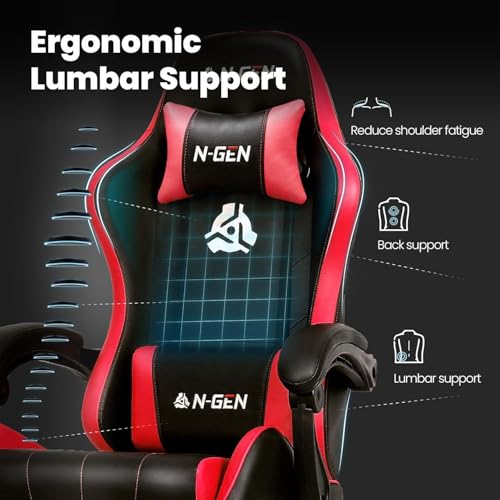 N-GEN GAMING Gaming Chair with Footrest, Lumbar, High-Back, Red Black | Reclining Backrest, Linkage Armrests, Durable PU Leather, Adjustable Comfort for Extended Computer, Desk, or Home Office Use - color: Red Black