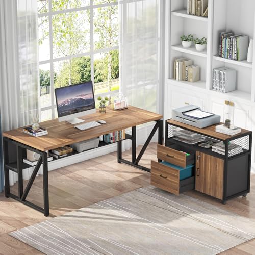 Tribesigns 63" Executive with Drawer Cabinet, L Shaped Desk and Lock lateral File Cabinet, 2 Piece Home Office Furniture Set with Drawers for Hanging File, (Brown, 63 inches) - color: Brown, size: 63 inches