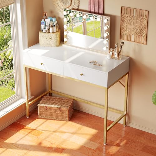 SUPERJARE 31.5" White and Gold Desk with 2 Drawers, Modern Vanity Desk - color: White and Gold, size: 31.5 inch