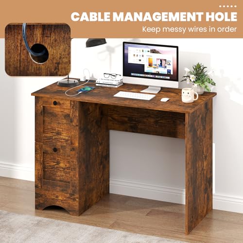 Giantex Computer Desk with 2 Drawers, 43” Wooden Home Office Desk with Charging Station, Compact Study Writing Desk, Modern Laptop PC Desk Workstation for Bedroom, Living Room (Rustic Brown) - color: Rustic Brown