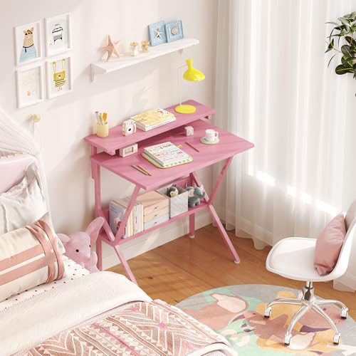 COTUBLR Small Desk, 27.5 Inch Small Computer Desk for Spaces, Computer Desks with Adjustable Monitor Stand, Compact Desks with Storage, Tiny Study Table for Bedroom Home Office, Pink - color: Candy Pink