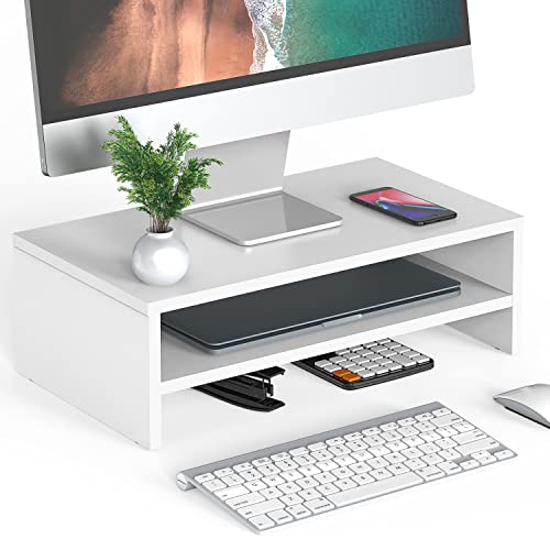FITUEYES Wooden Monitor Stand Riser, 2-Tier Desk Storage Shelf, White | 16.7-Inch Desktop Organizer Fits Laptop, Computer Screen and Office Supplies - color: White, size: 16.7“