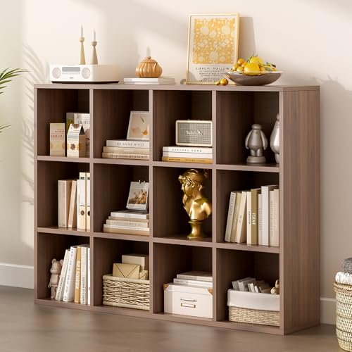 12-Cube Storage Shelf Bookcase, Walnut | Wooden 3-Tier Open Bookshelf, Fits 11×11" Bins, Vertical or Horizontal Use, Full Back Panels, For Home Office - color: Walnut, size: 12-Cube