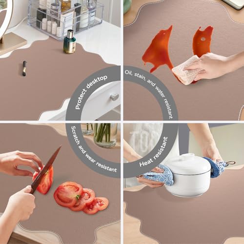 iCasso Leather Desk Pad,Extra Large Mouse Pad for Laptop,Waterproof PU Nail Table Mat,Cute Scalloped Keyboard Mats for Women Girl,Non-Slip Desk Cover Mat for Office Home School - color: Reddish Brown