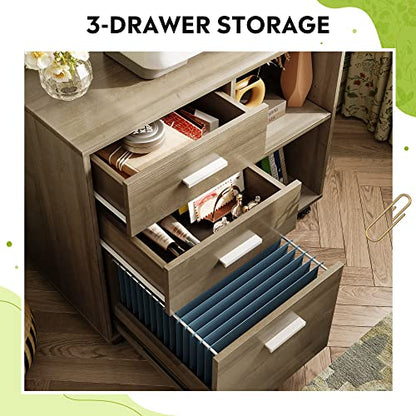 DEVAISE Wood File Cabinet, 3 Drawer Lateral Filing Cabinet, Gray Oak - color: Gray Oak
