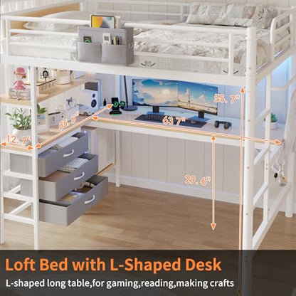 Jocoevol Full Size Loft Bed with L-Shaped Desk, LED Lights,Charging Station, Industrial Heavy Duty Metal Loft Bed Frame with 3 Storage Shelves and 3 Fabric Drawers, Safety Guard & Ladder, White - color: White, size: Full