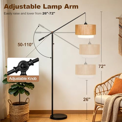 【Upgraded】Boho Dimmable Floor Lamps with Adjustable Swing Arm, 1100 Lumens Bulb Included, Modern Standing Lamp with Rattan & Fabric Shades, Farmhouse Tall Arc Floor Lamp for Living Room Bedroom, Black - color: Bohemian-Matte Black