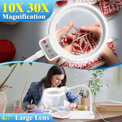 30X 10X Magnifying Glass with Light and Stand, LED Desk Lamp for Close Work - color: White