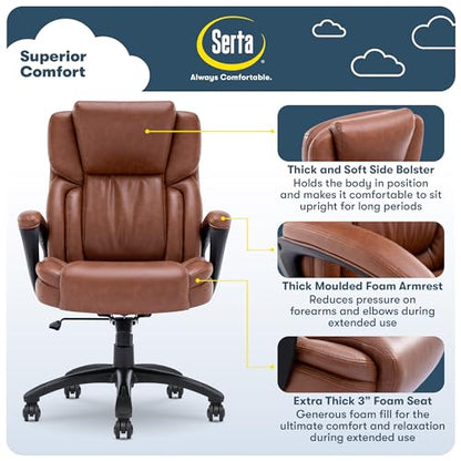 Serta Ergonomic Executive Office Chair with Lumbar Support, Leather Chair | Garret, Back Pain Relief, Foam Seat Cushion, Padded Arms, Adjustable Height and Reclining, Office Chair with Wheels, Cognac - color: Cognac
