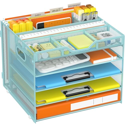 Docnest 5 Tier Desk Organizer with Hanging File Folder Holder&Tray, Blue - color: Blue, size: 12.6"x11.8"x10.3"