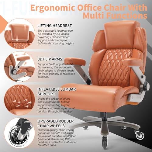 Big and Tall Office Chair 700lbs, Ergonomic High Back Computer Desk Chair | Adjustable Headrest&Lumbar Support, 3D Flip Arms, Large Wheels, Heavy Duty Metal Base, Thick Padded Wide Seat Executive Chair - color: Gold Brown